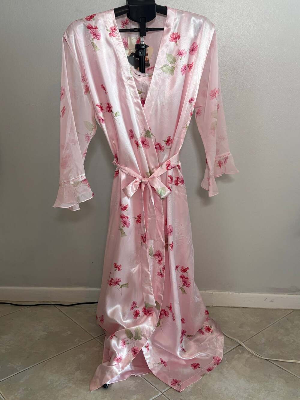 Oscar de la Renta Pink Label Robe L Pink Floral Satin NWT Long Belted Vintage